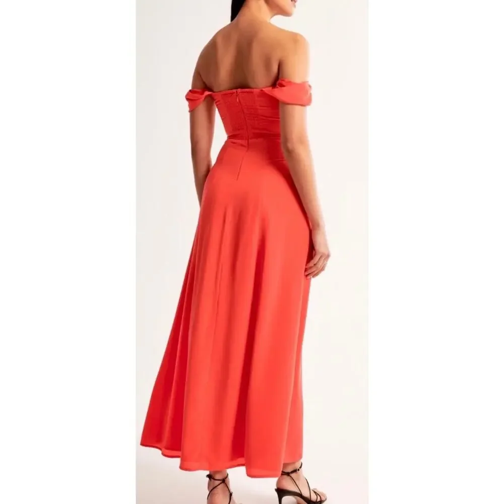 Abercrombie & Fitch Off Shoulder Maxi Dress Slit Camille Womens Small Red Orange